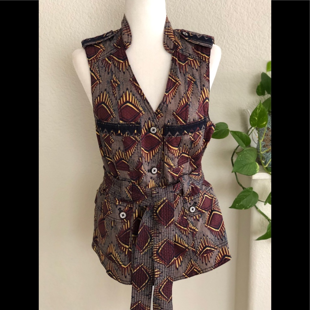 ANTHROPOLOGIE Elevenses Geo Safari Print Vest Tribal Aztec Wrap Tie Waist SZ S 4
